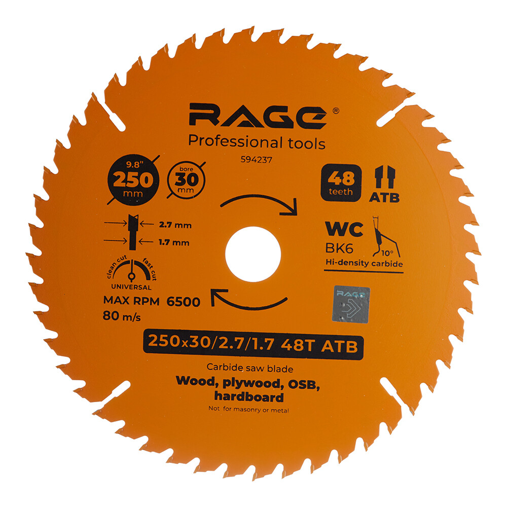 Изображение товара Диск пильный Rage by Vira 250 мм для резки дерева и ДСП, 48 зубьев