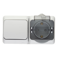 Блок переключатель и розетка Systeme Electric Этюд одноклавишный накладной серый (BPA16-246C) - фото 1