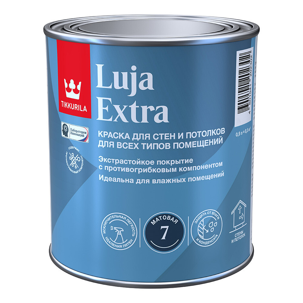 Изображение товара Моющаяся бесцветная матовая краска Tikkurila Luja Extra 0,9 л для стен и потолков