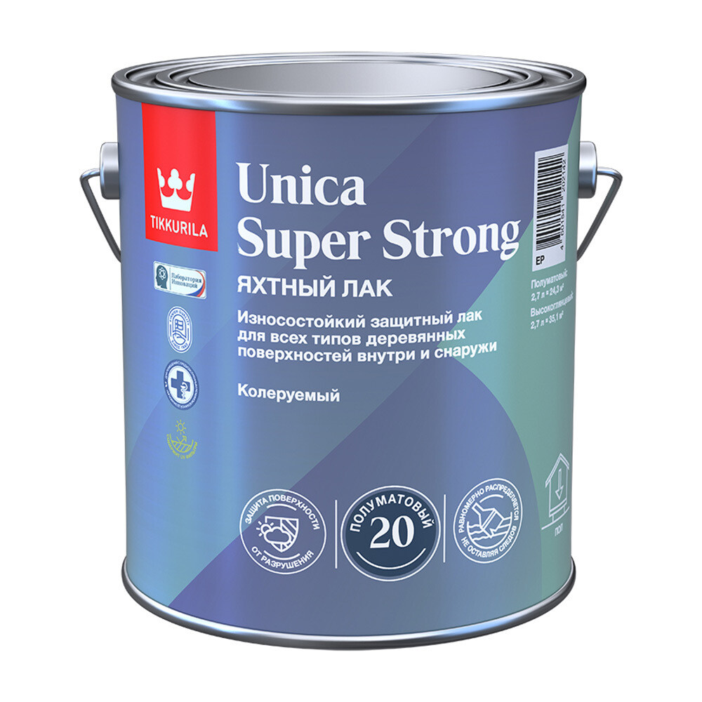 Изображение товара Алкидно-уретановый яхтный лак Tikkurila Unica Super Strong 2,7л бесцветный полуматовый