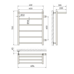 Полотенцесушитель водяной Indigo Line 700х400 мм лесенка с боковым подключением 600 мм справа с полкой черный муар - фото 3