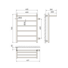 Полотенцесушитель водяной Indigo Line 700х400 мм лесенка с боковым подключением 600 мм справа с полкой хром - фото 2