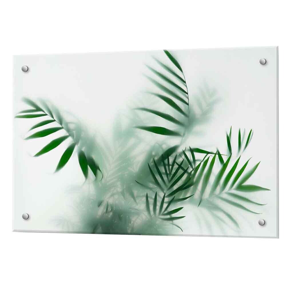 Панель стеновая закаленное стекло для кухни 900х600х4 мм листья за стеклом