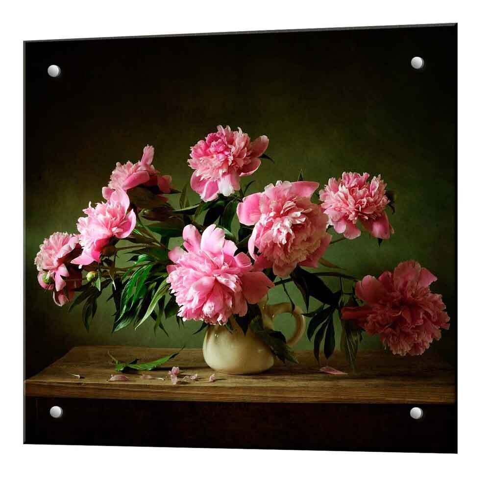 Панель стеновая закаленное стекло для кухни 600х600х4 мм пионы