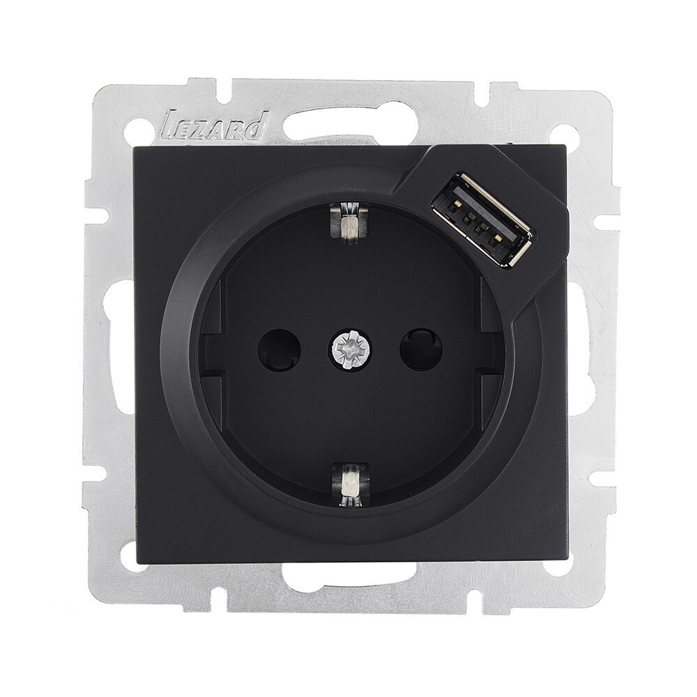 Изображение товара Встраиваемая розетка Lezard Vesna с USB-A черный бархат IP20