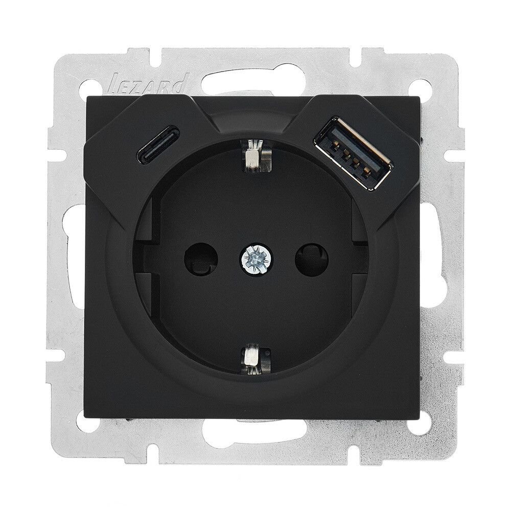 Изображение товара Розетка Lezard Vesna с USB-A и Type-C черный бархат