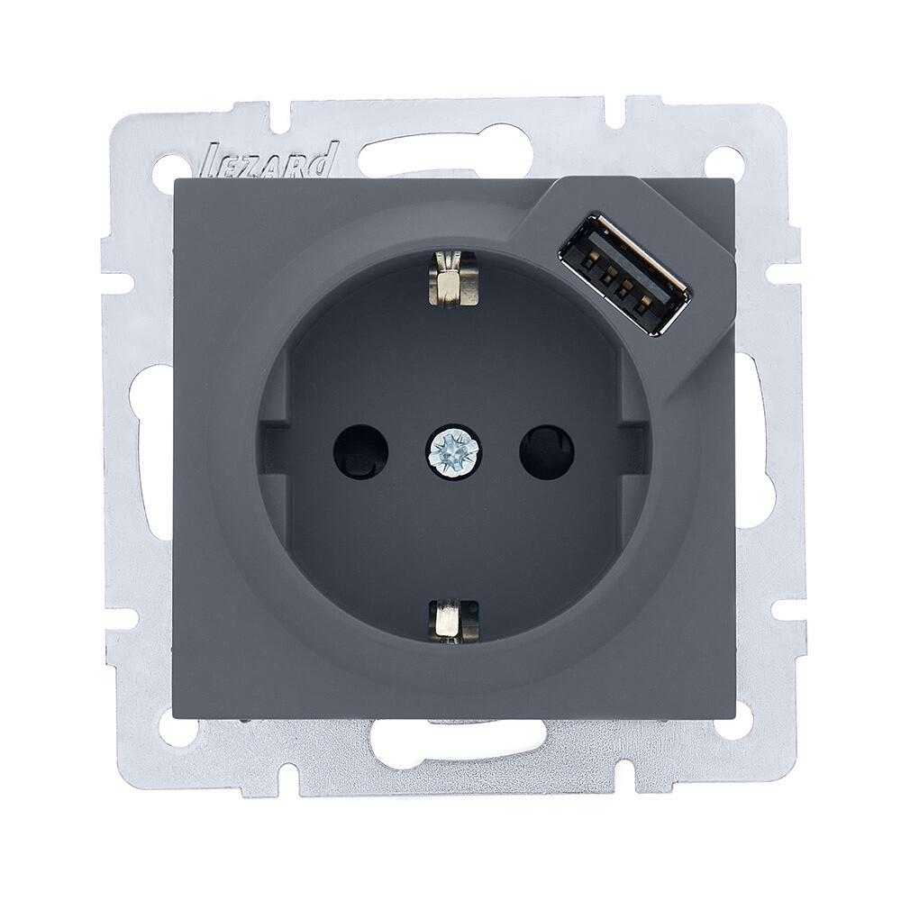 Изображение товара Встраиваемая комбинированная розетка Lezard Vesna графит с USB-A для сухих помещений