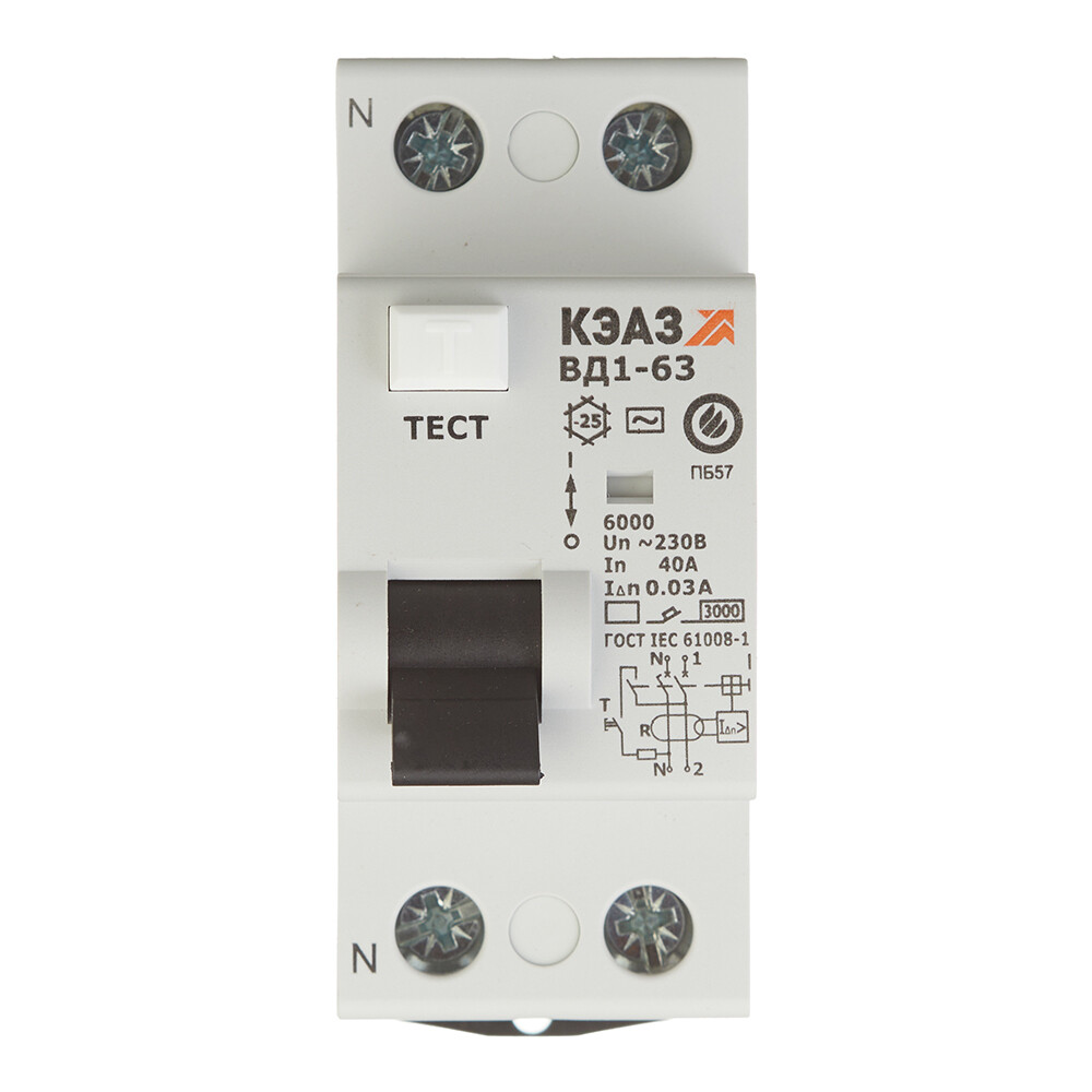 

УЗО КЭАЗ OptiDin ВД1-63 40А 1P+N тип AC 30 мА 4,5 кА (221905)