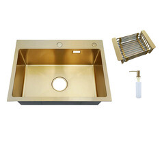 Изображение товара Мойка для кухни РМС 43х58х20 см врезная с коландером и дозатором сталь золото (MR-5843G)