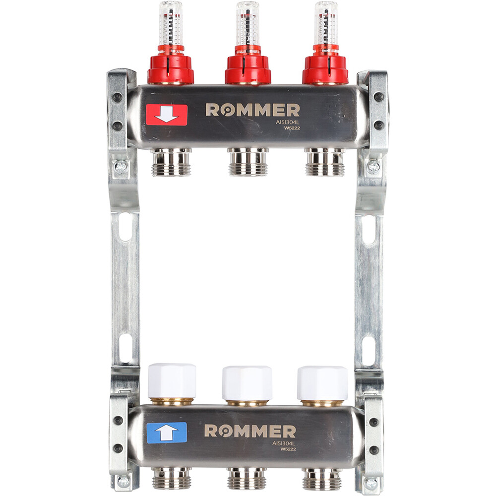 Коллекторная группа с расходомерами Rommer 1 ВР(г) х 3 выхода 3/4 НР(ш) ЕК х 1 ВР(г)