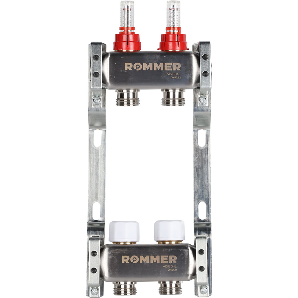 фото Коллекторная группа с расходомерами rommer 1 вр(г) х 2 выхода 3/4 нр(ш) ек х 1 вр(г)