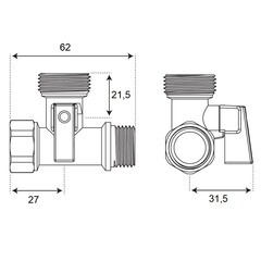 Кран шаровой латунный СТМ 1/2 ВР(г) х 3/4 НР(ш) х 1/2 НР(ш) к бытовой технике мини трехходовой (CA3N1234) - фото 2
