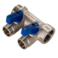 Изображение товара Коллектор СТМ 3/4 ВР(г) х 2 выхода 1/2 НР(ш) х 3/4 НР(ш) с шаровыми кранами (C2MB3412)