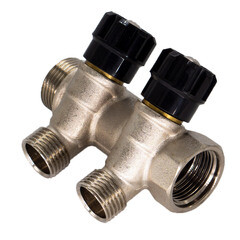 Изображение товара Коллектор СТМ 3/4 ВР(г) х 2 выхода 1/2 НР(ш) х 3/4 НР(ш) с шаровыми кранами (C2MV3412N)