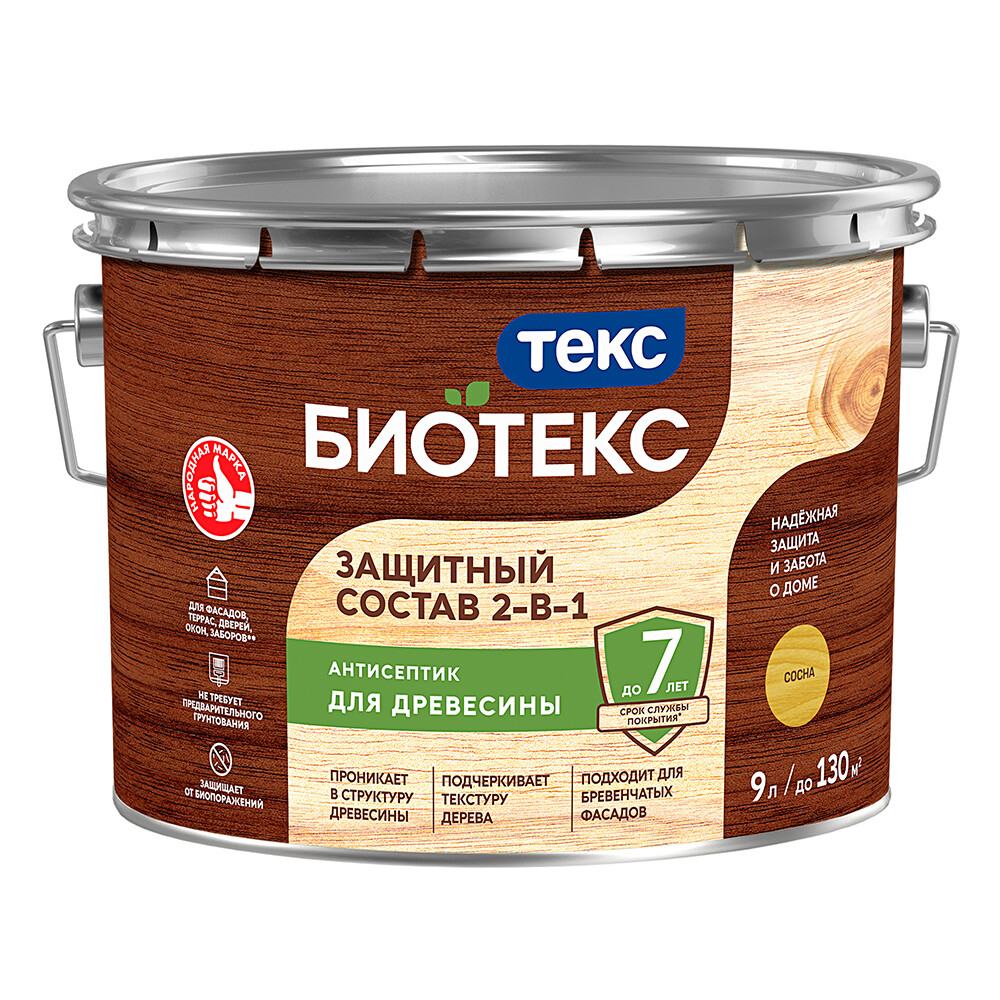 фото Антисептик текс bioteks 2-в-1 декоративный для дерева сосна 9 л