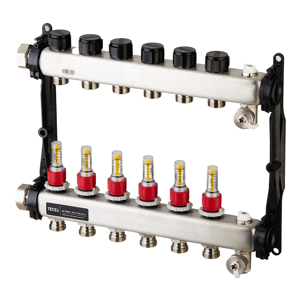 Коллектор для теплого пола Tece 1 ВР(г) х 6 выходов 3/4 НР(ш) ЕК х 1 ВР(г) с расходомерами (77310006)