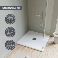 Поддон Ulitka Flow литьевой мрамор 90х90х3 см квадрат белый низкий (74104109) - фото 8