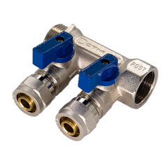 Коллектор 3/4 ВР(г) х 2 выхода 16 обж(ц) х 3/4 НР(ш) с шаровыми кранами (C2MP3416/17359) - фото 1