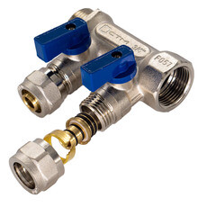 Коллектор 3/4 ВР(г) х 2 выхода 16 обж(ц) х 3/4 НР(ш) с шаровыми кранами (C2MP3416/17359) - фото 6