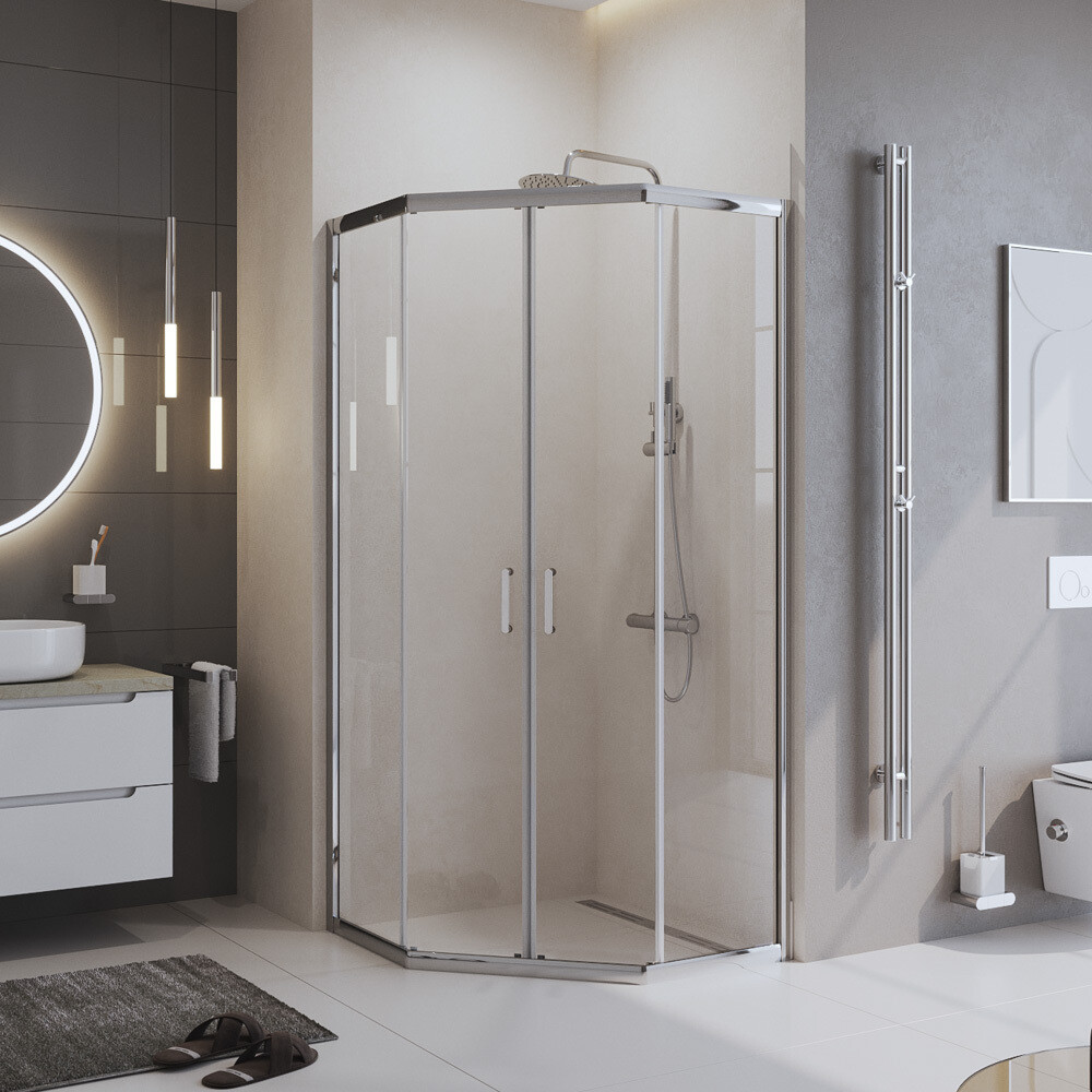 

Душевой уголок BelBagno Uno хром 100х100х195 см пятиугольник стекло прозрачное 5 мм (UNO-195-P-2-100-C-Cr)