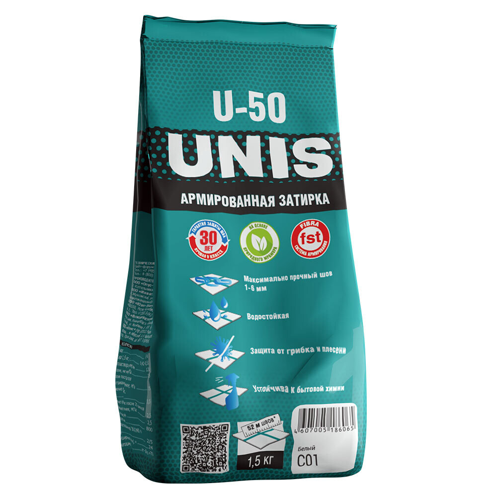 

Затирка цементная Unis U-50 С01 белая 1,5 кг, Белый