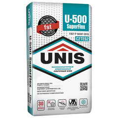 Изображение товара Клей для плитки/ керамогранита/ камня Unis SuperFlex U-500 высокоэластичный армированный серый класс C2 TE S2 20 кг