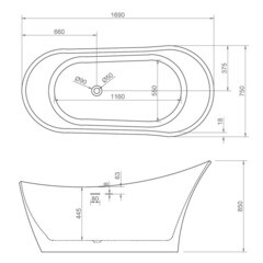 Ванна акриловая Abber 169х75 см отдельностоящая с ножками (AB9245) - фото 2
