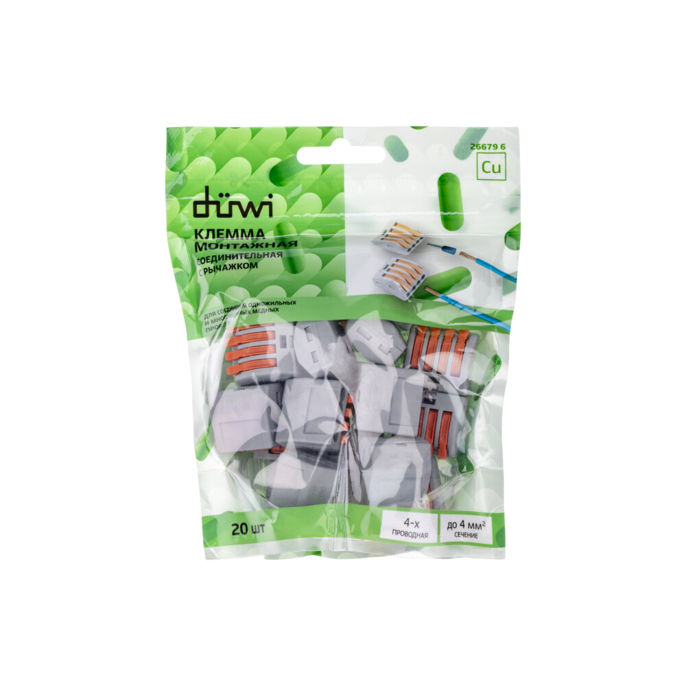 

Клемма на 4 провода Duwi СМК 222-414 0,08-4 кв.мм с рычажками без пасты (20 шт.) (26679 6), Серый