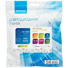 Лента светодиодная SMD 5050 Apeyron (000016) 3000К 14,4 Вт 12 В IP20 5 м - фото 15