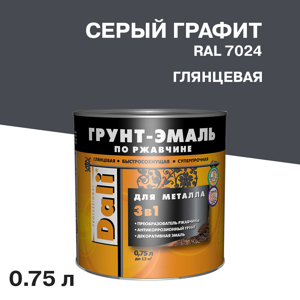 Изображение товара Грунт-эмаль по ржавчине Dali 3в1 серый графит RAL 7024 0,75 л глянцевая