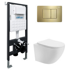 Изображение товара Комплект инсталляции Abber с унитазом Bequem с кнопкой золото и сиденьем микролифт (AC1100T-AC0105-AC0120MMG)