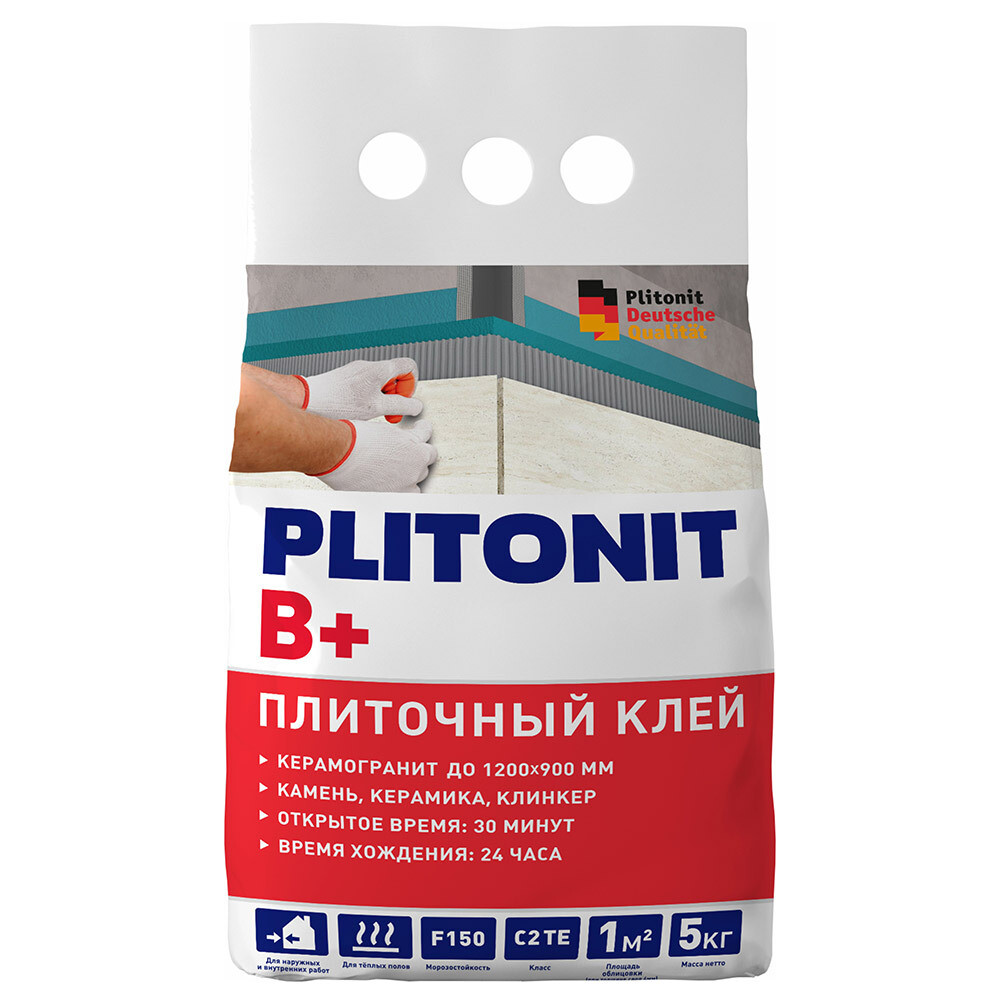 

Клей для плитки/ керамогранита/ камня/ клинкера Plitonit В+ серый класс C2 TE 5 кг