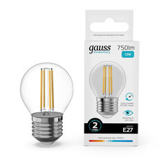 Лампа светодиодная филаментная Gauss Filament E27 4100К 12 Вт 750 Лм 190-240 В шар G45 прозрачная - фото 7