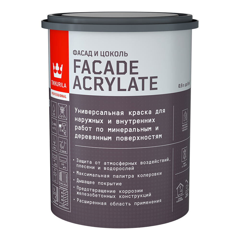 Изображение товара Фасадная краска Tikkurila Tikkivala Facade Acrylate база A белая 0,9 л для внутренних и наружных ра