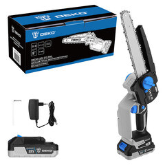 Изображение товара Пила цепная аккумуляторная Deko DKCHS 20V 20 В 8" шаг 1/4" паз 1,4 мм 46 звеньев Li-Ion 2Ач 2 АКБ и ЗУ (063-4484)