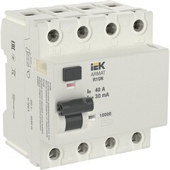 Изображение товара УЗО IEK Armat R10N 40А 4P тип AC 30 мА 10 кА (AR-R10N-4-040C030)