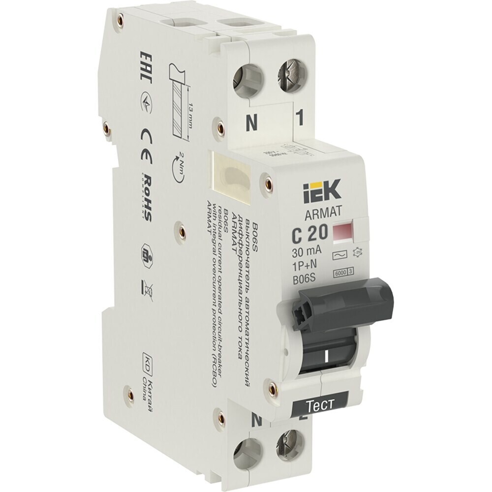 

Автомат дифференциальный IEK Armat B06S 1P+NP 20А 30 мА тип AC 6 кА (AR-B06S-1N-C20C030)
