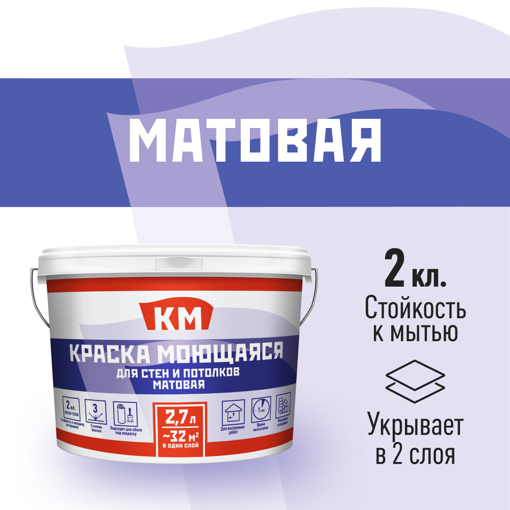 Изображение товара Моющаяся бесцветная водно-дисперсионная краска КМ база С 2,7 л для стен и потолков