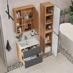 Комплект тумба с раковиной Sanstar Graffa 60 см подвесная дуб вотан/графит софт (451.1-1.4.1.КФОС) - фото 8