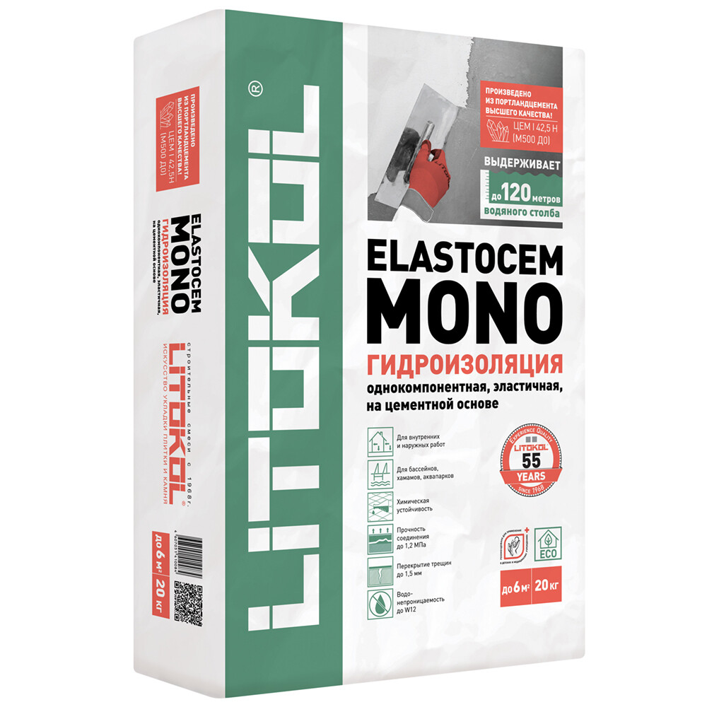 

Гидроизоляция цементно-полимерная Litokol Elastocem Mono бесшовная 20 кг