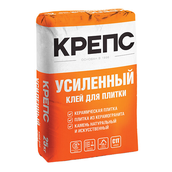 Клей для плитки/ керамогранита/ камня Крепс Усиленный серый класс C1 T 25 кг