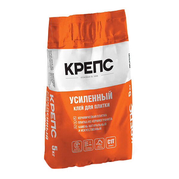 Клей для плитки/ керамогранита/ камня Крепс Усиленный серый класс C1 T 5 кг