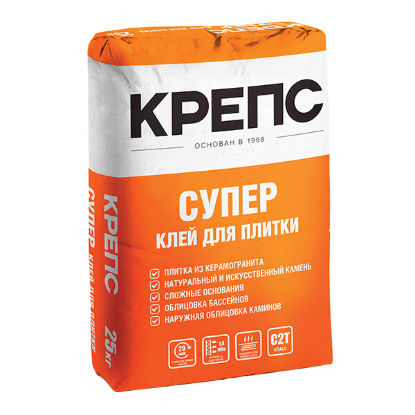 Клей для плитки/ керамогранита/ камня Крепс Супер серый класс C2 T 25 кг