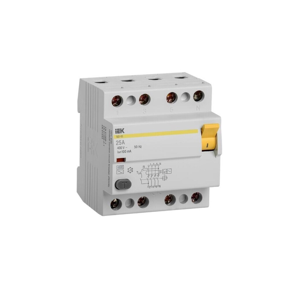 

УЗО IEK ВД1-63 25А 3P+N тип AC 100 мА 4,5 кА (MDV10-4-025-100)