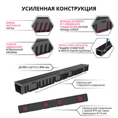 Лоток водоотводный пластиковый 1000х115х95 мм Gidrolica с пластиковой решеткой класс А15 (08067) - фото 12