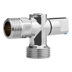 Кран шаровой латунный MPF 1/2 НР(ш) х 3/4 НР(ш) к бытовой технике хром мини с отражателем угловой ГОСТ Р 59553-2021 (ИС.081201) - фото 1