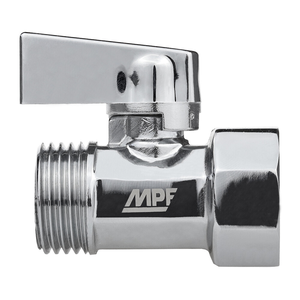 

Кран шаровой латунный MPF 1/2 ВР(г) х 1/2 НР(ш) к бытовой технике хром мини проходной (ИС.081214)