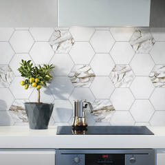 Панель стеновая ПВХ для кухни 3000х600х1 мм гексагон мрамор - фото 3