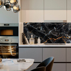 Панель стеновая пластик для кухни 3000х600х1,5 мм мрамор черный с золотом - фото 3