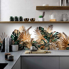 Панель стеновая пластик для кухни 4000х600х1,5 мм графичные листья - фото 2